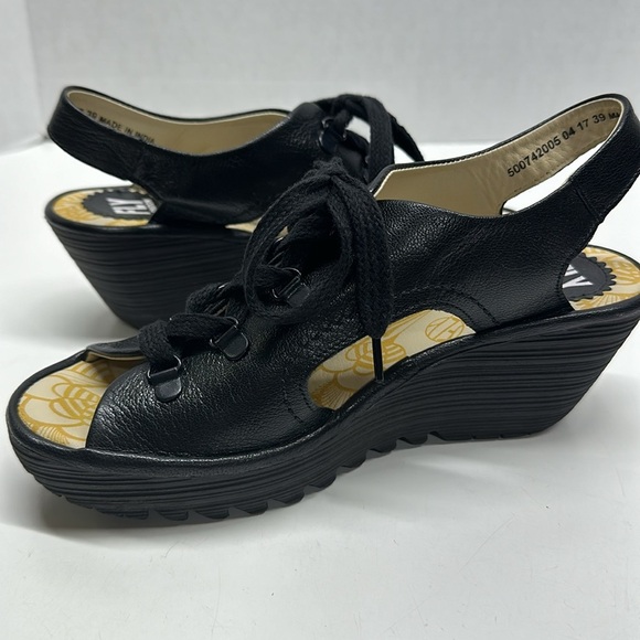 Fly London Ylva High Heel Wedges Wedged Sandals Open Toe Leather Black Size 39 8 - Picture 6 of 12